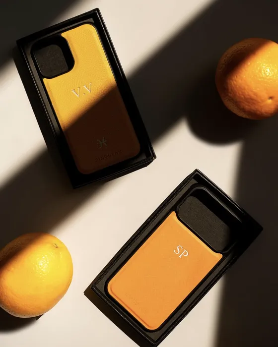 Dos fundas de cuero con naranjas y luz dura