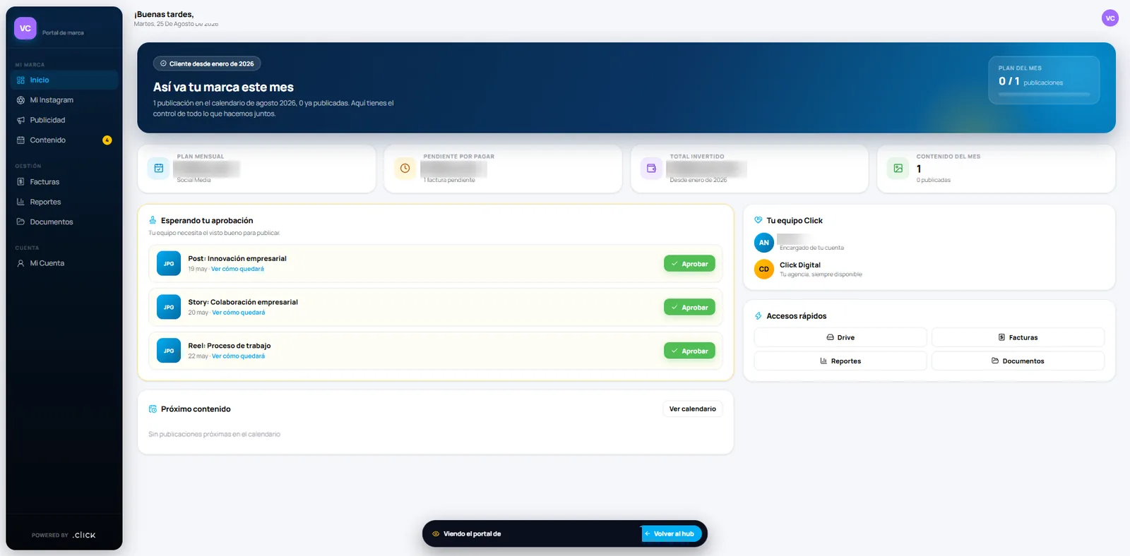 Inicio del portal de Click: aprobaciones pendientes, avisos y accesos rápidos