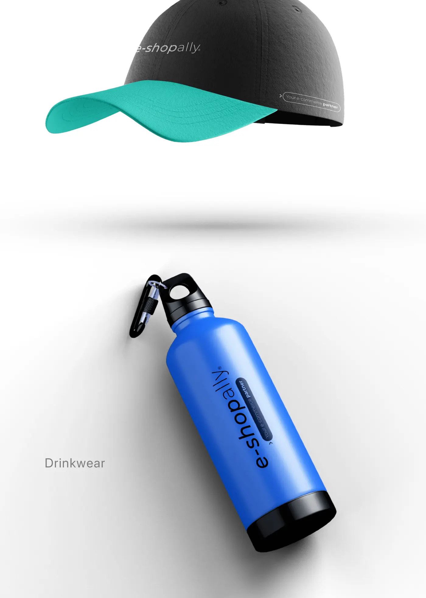 La marca e-shopally aplicada en gorra y botella