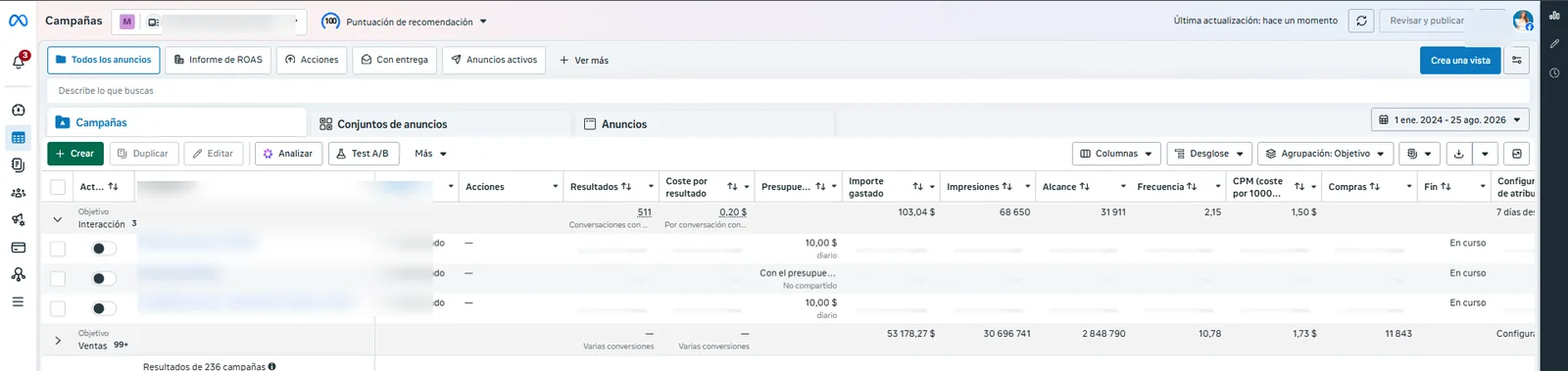 Administrador de anuncios: campanas de interaccion y ventas con conversaciones y compras